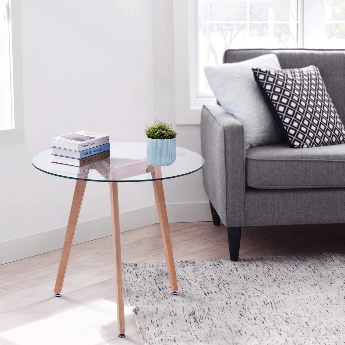 Ivinta Modern Round Glass Home Kitchen Small Dining Table Brown Oak Legs 31.5 inch