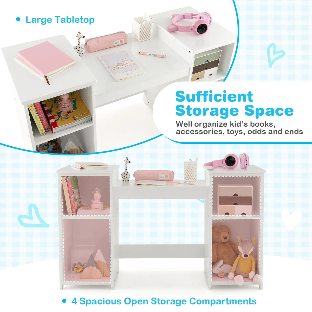 Gymax Kids Vanity 2 in 1 Princess Makeup Desk & Chair Set Safe Tri-fold Mirror White
