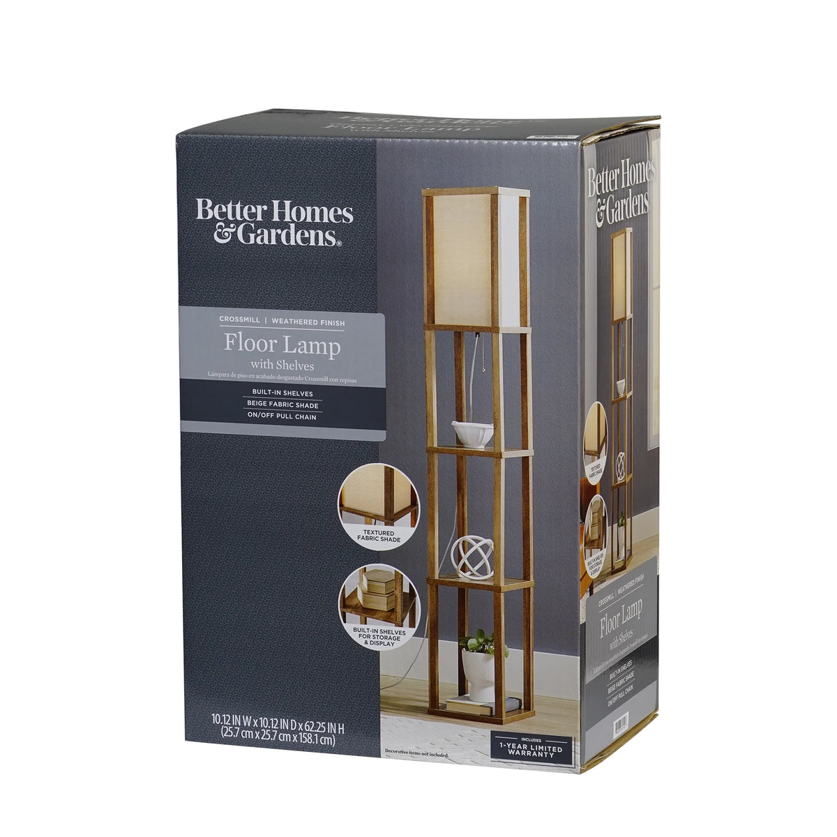 Better Homes & Gardens 62.25" Modern Pull Chain Weathered Floor Lamp with Natural Square Shade