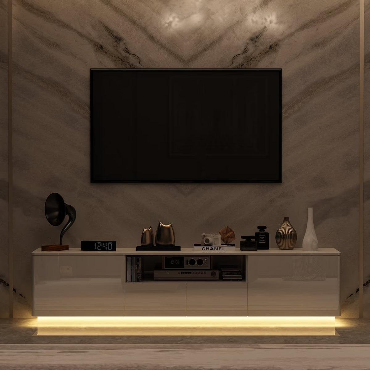 KULAGAGA Entertainment Center with LED Lights, High Gloss TV Stand with 2 Storage Drawer and Open Shelves for Living Room