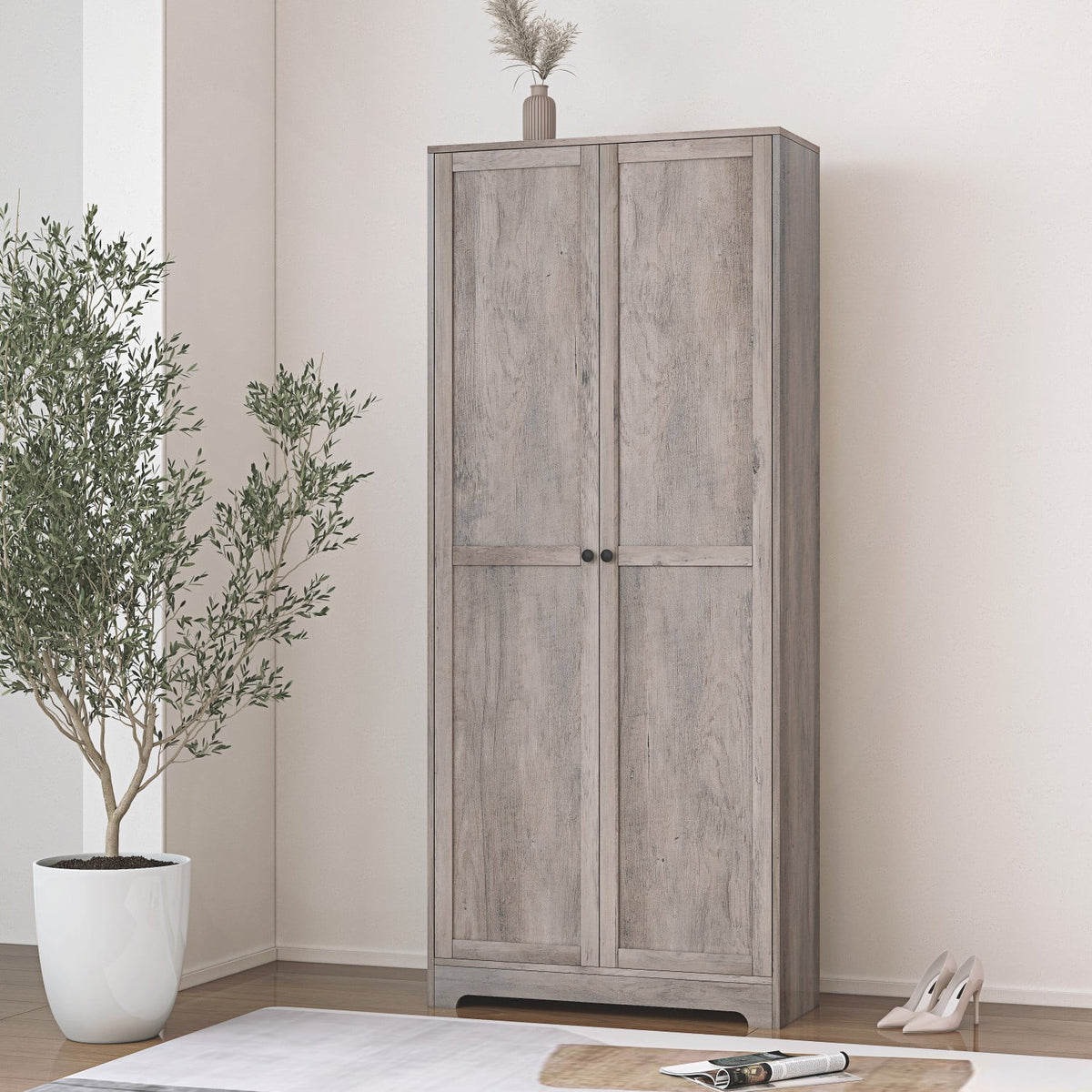 UBesGoo 72" Traditional Freestanding Kitchen Pantry Cabinet Wardrobe Armoire with 4 Adjustable Shelves, White