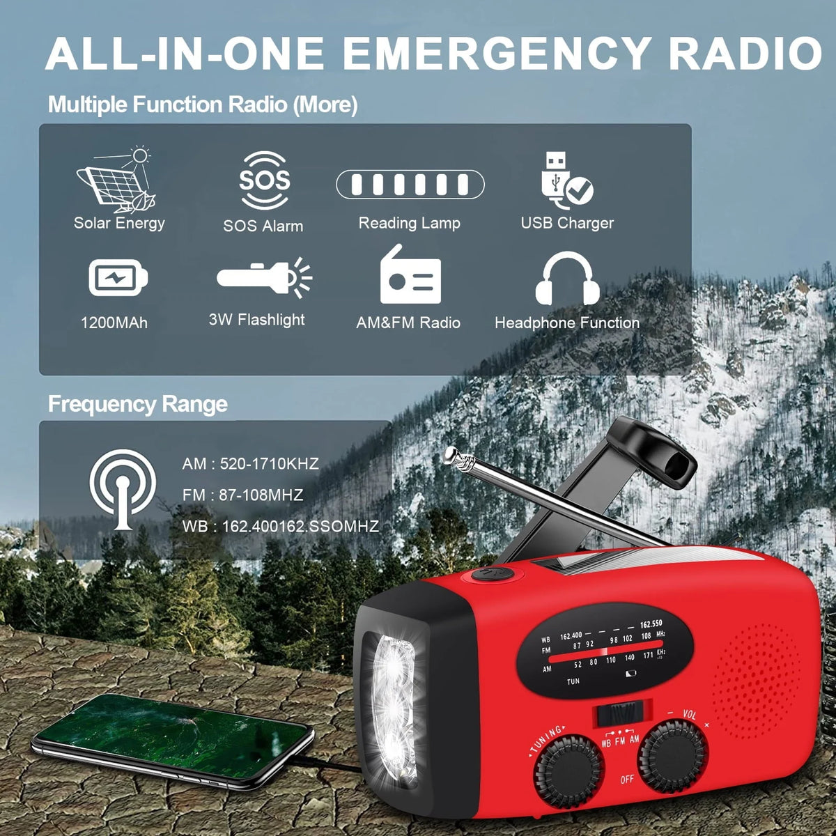 TSV Emergency Radio, Solar Hand Crank Self-Powered Weather Radio with 1200mAh Rechargeable Battery, Bright LED Flashlight, for Household Emergency, Outdoor Survival
