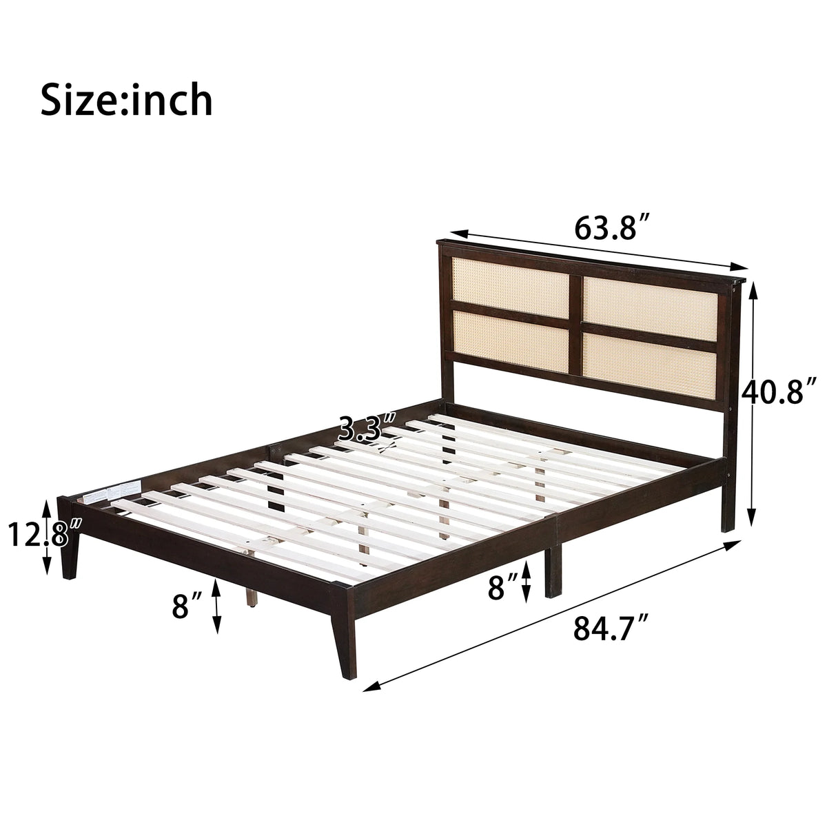 Miniyam Wood Queen Size Bed with with Rattan Headboard for Adult, Brown
