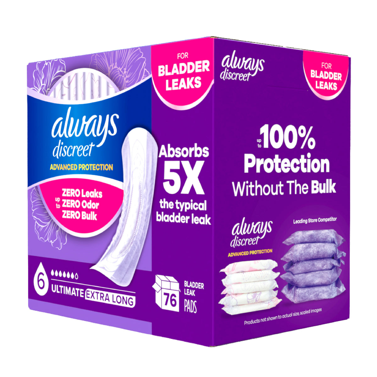 Always Discreet Advanced Protection Incontinence Pads for Women, Ultimate Absorbency, Extra Long, 76-count