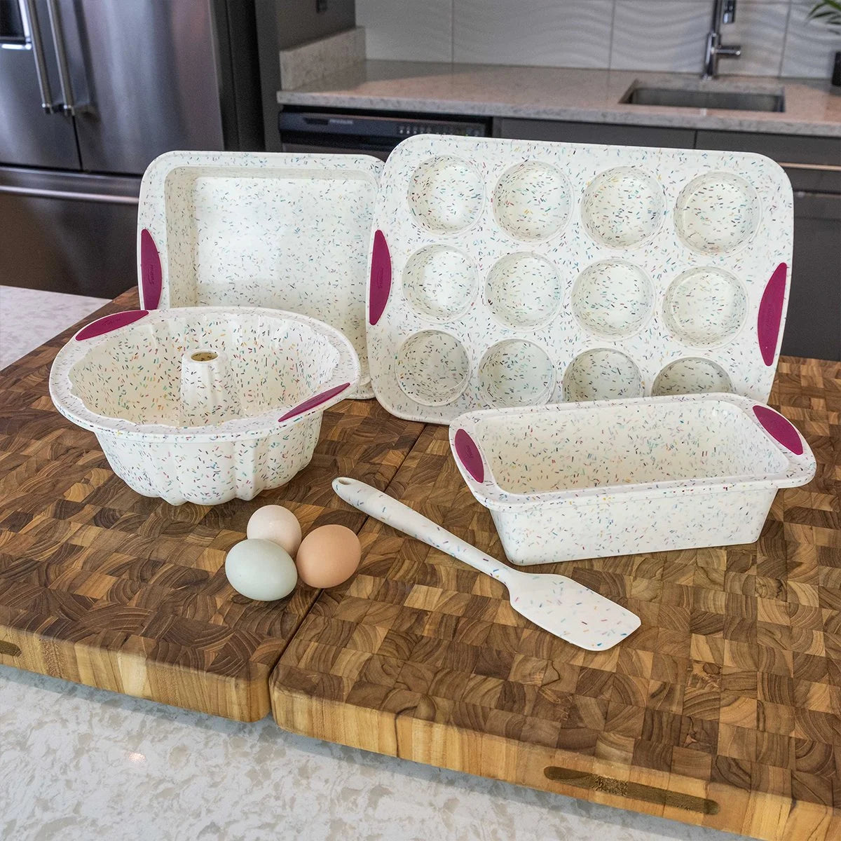 Trudeau Confetti 6-Piece Silicone Non-stick Baking Set with Spatula, Bowl, and Bakeware, White
