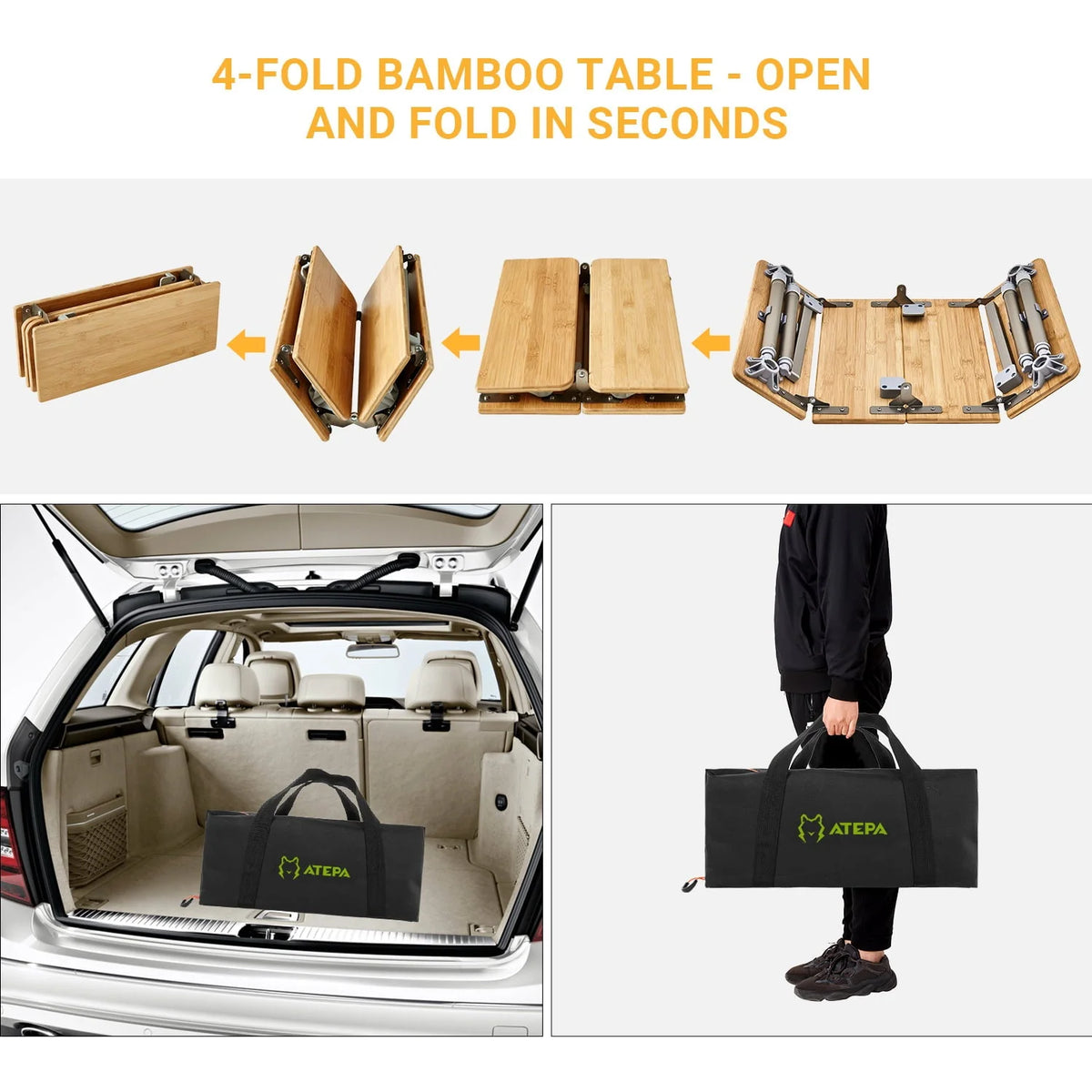 ATEPA Camping Folding Bamboo Table Portable Camp Outdoor Table with Carrying Bag, 23.6"*15.7"