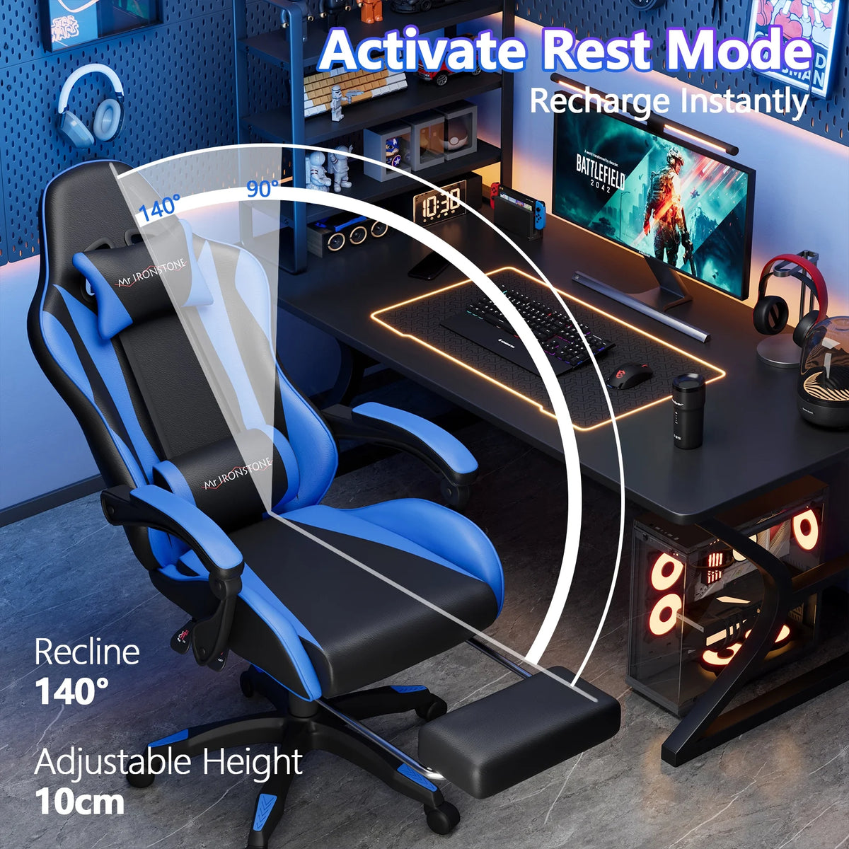 Mr IRONSTONE Office Gaming Chair with Footrest & Lumbar Support, Ergonomic Adjustable Computer Chair with Swivel Seat & Headrest, Blue