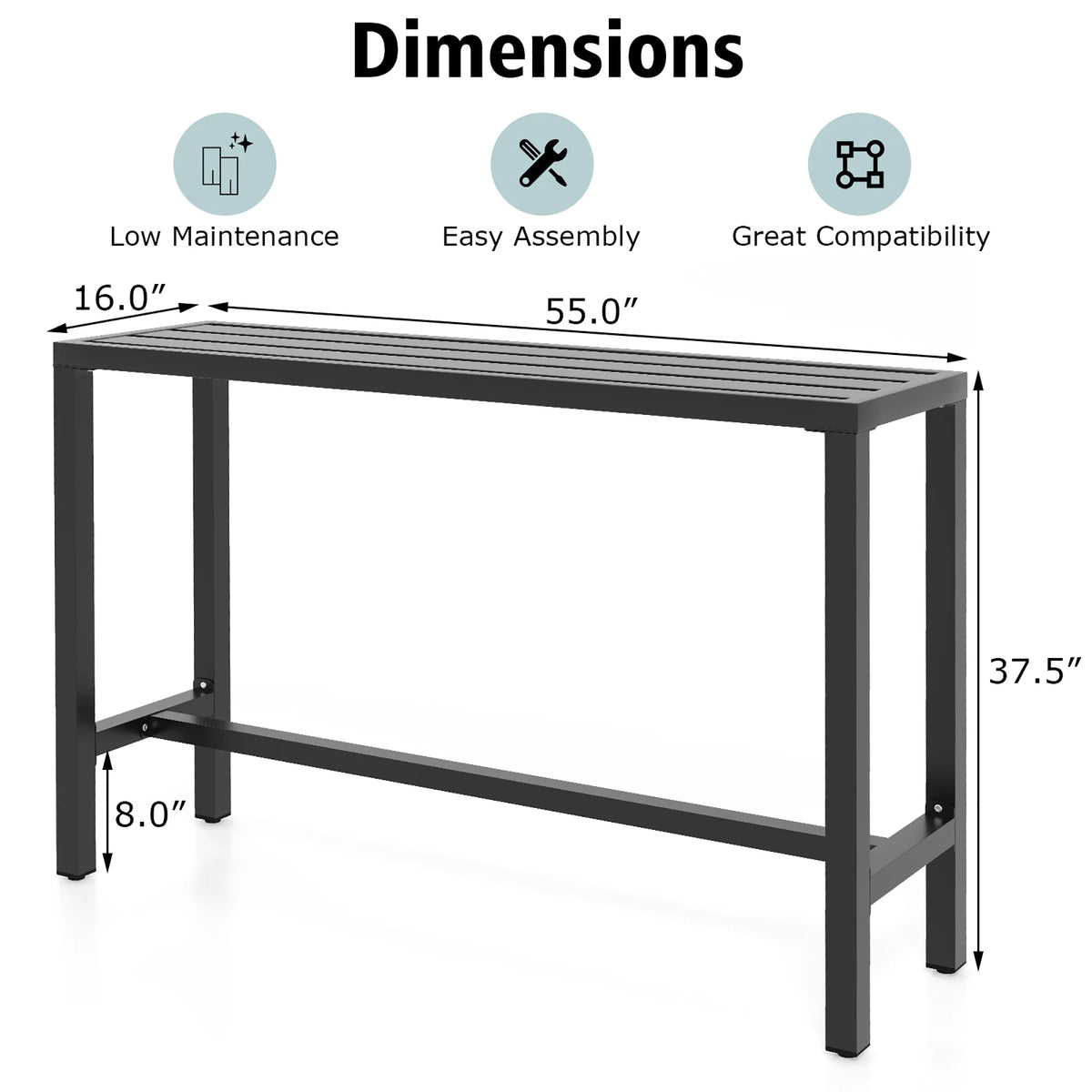 Costway Outdoor Metal Bar Table 55'' Patio Rectangular Counter Height Dining Table Black