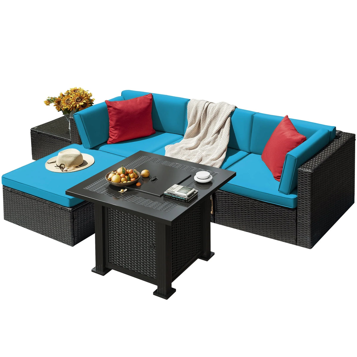 Devoko 6 Pieces Fire Pit Seating, Outdoor Sectional Rattan Sofa Set with 40000 BTU Propane Fire Pit Table