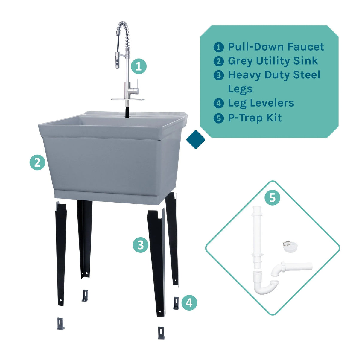 Tehila Blue 19 Gallon Utility Sink with High-Arc Stainless Finish Coil Pull-Down Faucet