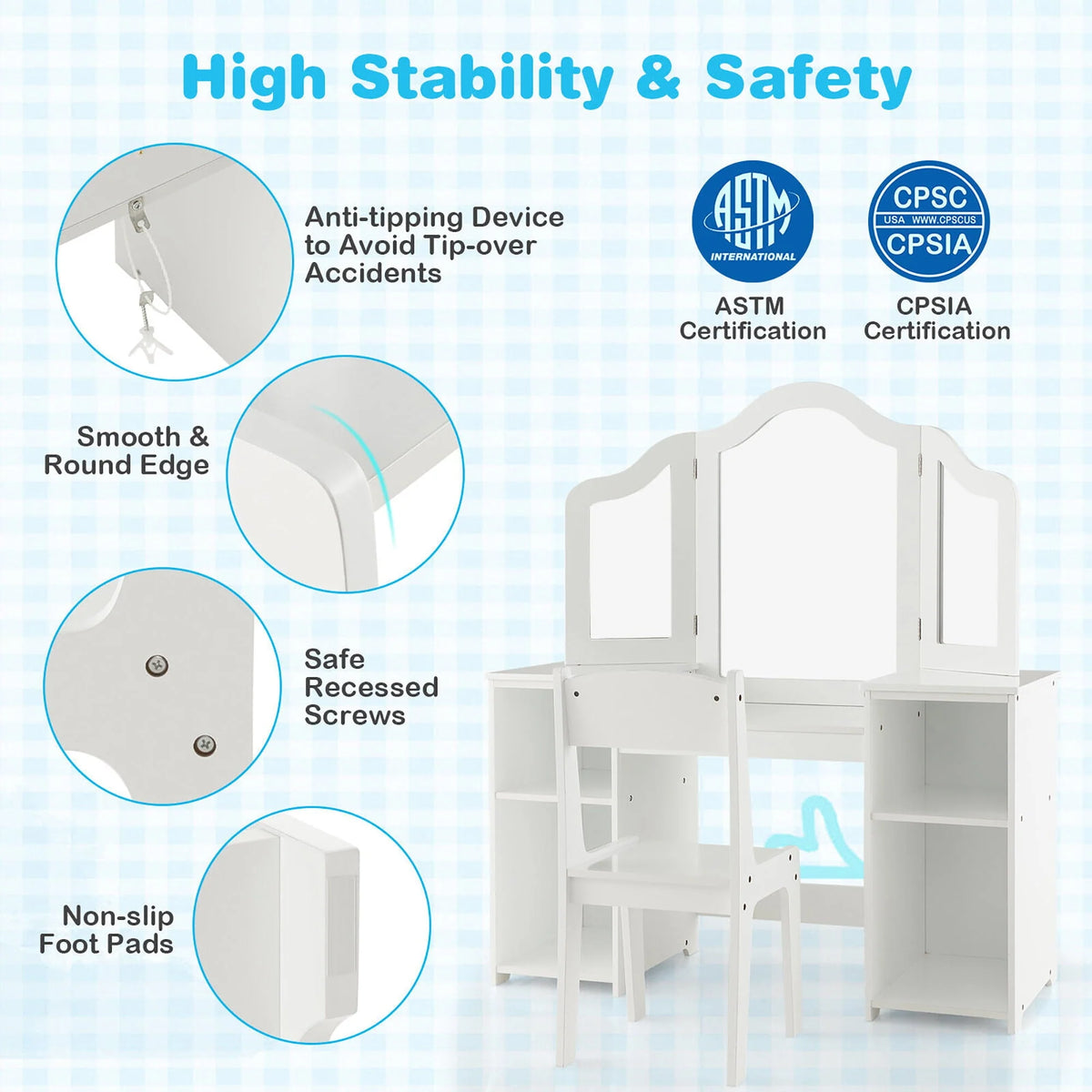 Gymax Kids Vanity 2 in 1 Princess Makeup Desk & Chair Set Safe Tri-fold Mirror White