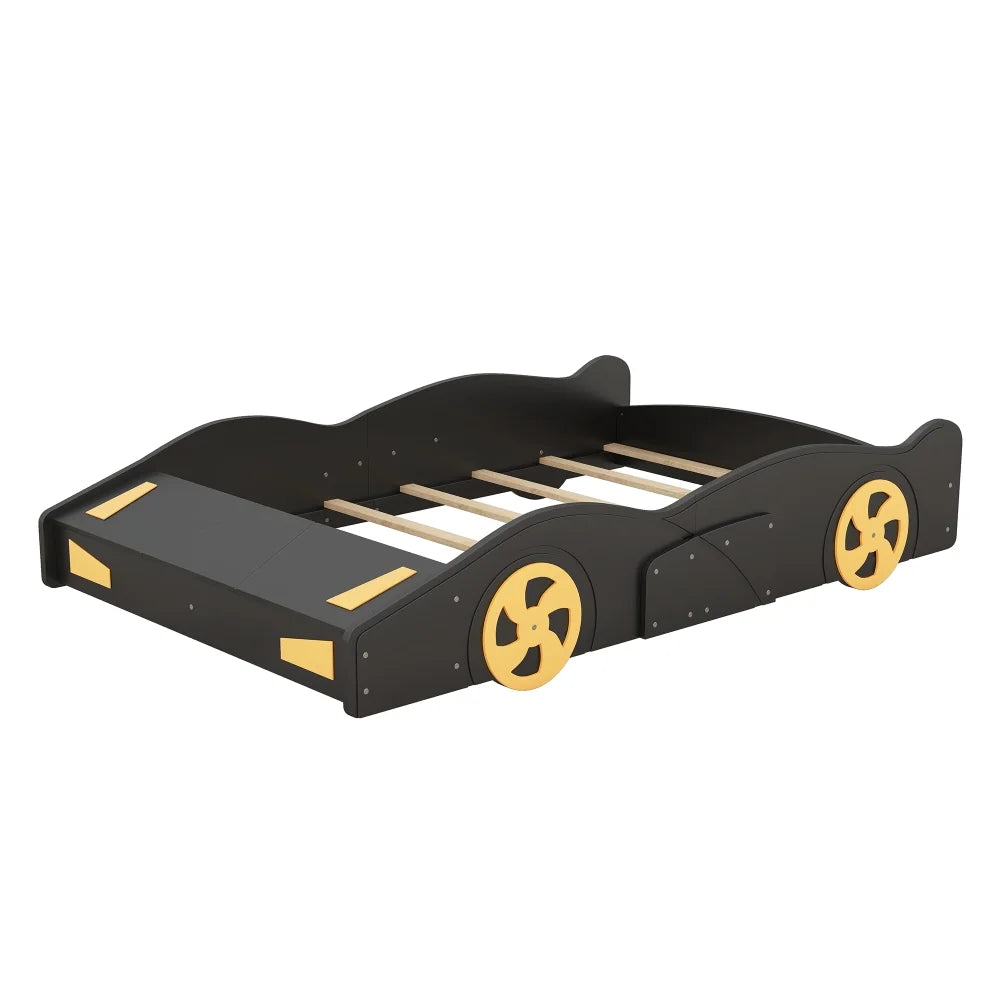 Full Size Modern Race Car-Shaped Platform Bed with Wheels and Storage, Solid Wood Platform Bed Frame with Sturdy Slat Support for Kids, Boys, Girls(Dark Blue)