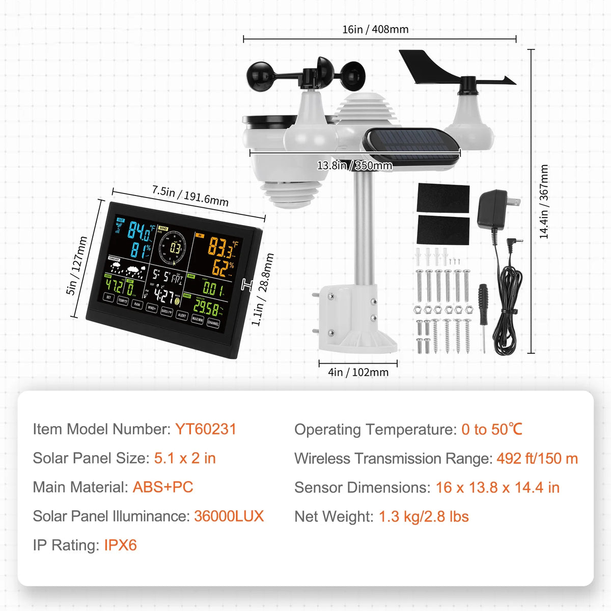 BENTISM 7 in 1 Wireless Weather Station, 7.5 inch HD Color Screen, Digital Weather Monitor for Indoor Outdoor with Temperature Humidity UV Predictive Alarm and Alerts