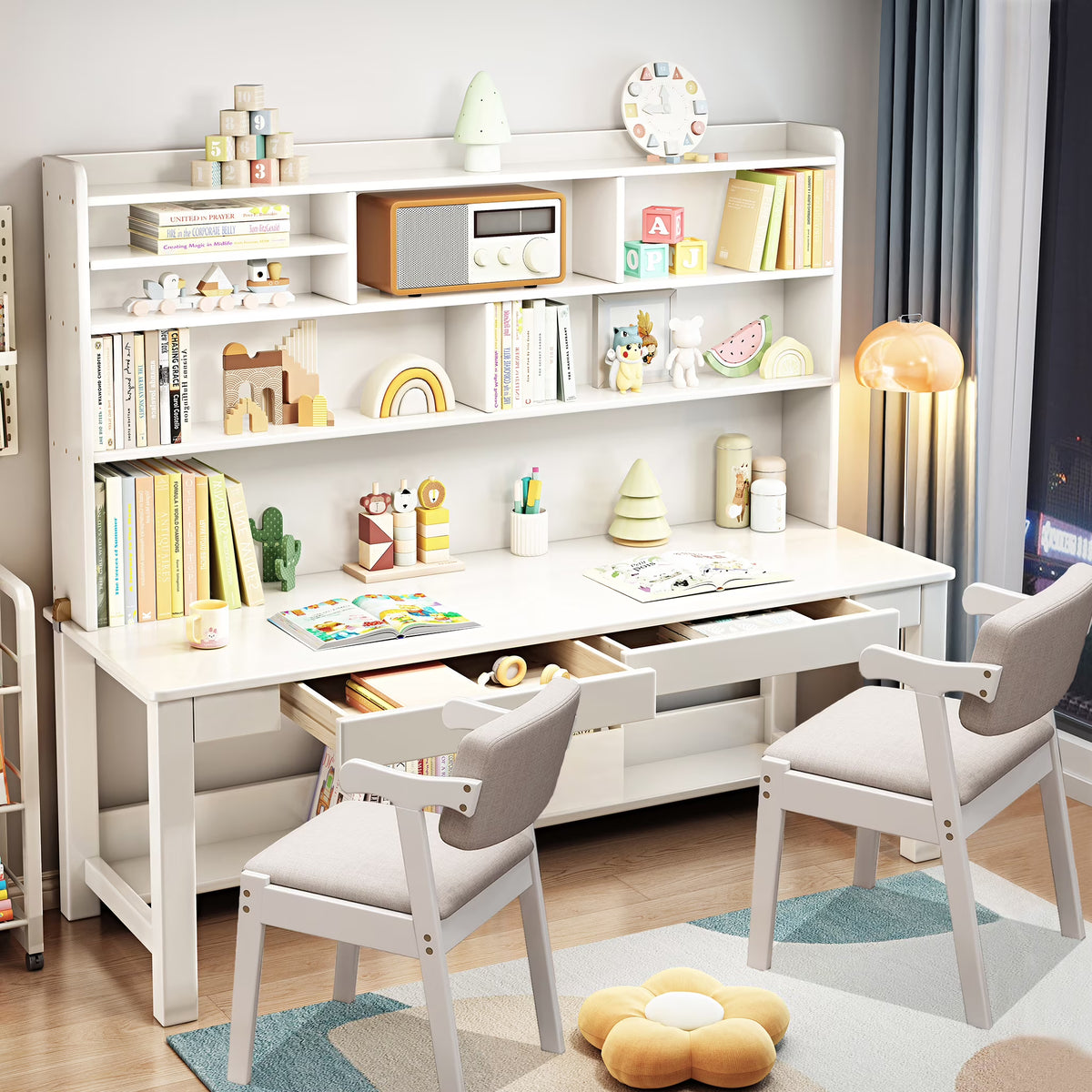 BALANBO Solid Wood Kids Desk and Chair Set with Hutch,Study Computer Desk with Drawers, Extra Large Two Person Study Desk Writing Table, Student White Desk with Bookshelf for Bedroom,Study Room,White