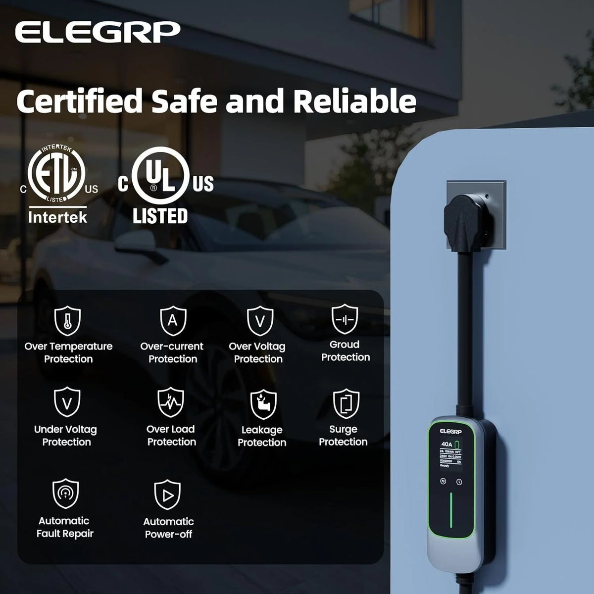 ELEGRP Portable Electric Vehicle Charger Level 2, EV Charger 240V 40A for BEVs/PHEVs，PBE & LCD TH, 25ft Cable W/NEMA 14-50 Plug, 1PC