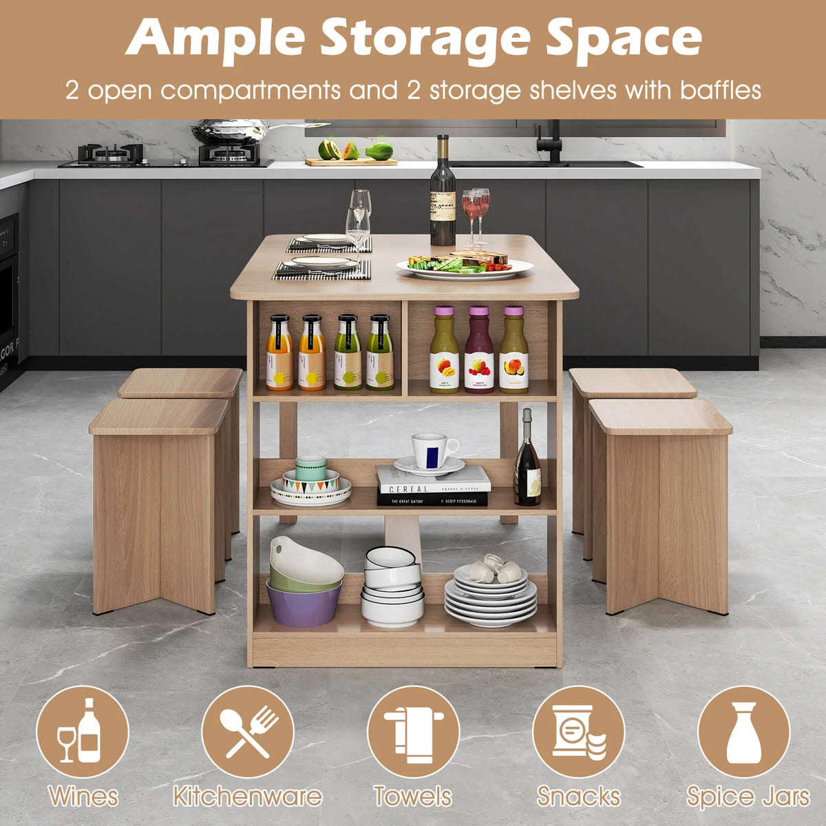 Costway 5 PCS Dining Table Set with Storage Shelf Rectangular Kitchen Table with 4 Stools Beige