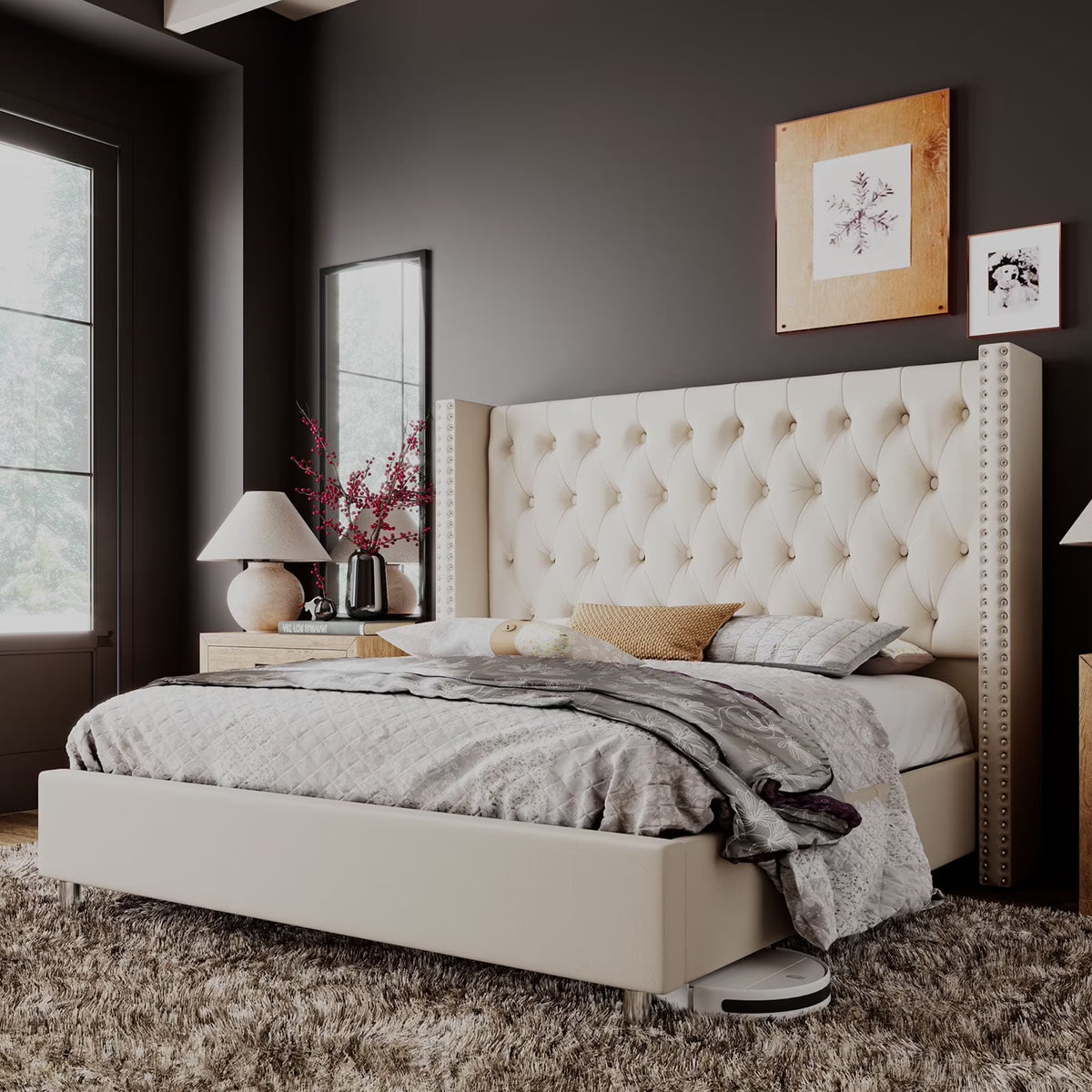 VanAcc Queen Bed Frame Upholstered Bed Wingback Headboard Velvet Tufted Diamond Button/No Box Spring Needed/Easy Assembly/Gray