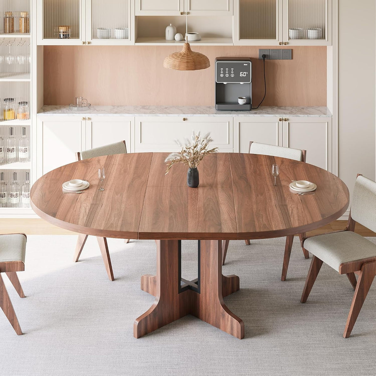 iPormis 59" Extendable Round Dining Table for 6, Modern Kitchen Table with Sturdy Wooden Base, Dining Room Table with Thickened MDF Board, Perfect for Small Space, Black