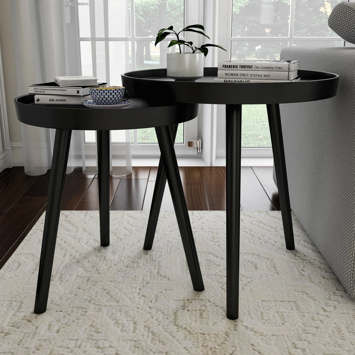 Nesting End Tables Circular Contemporary Decor by Lavish Home, Set of 2 (Black)
