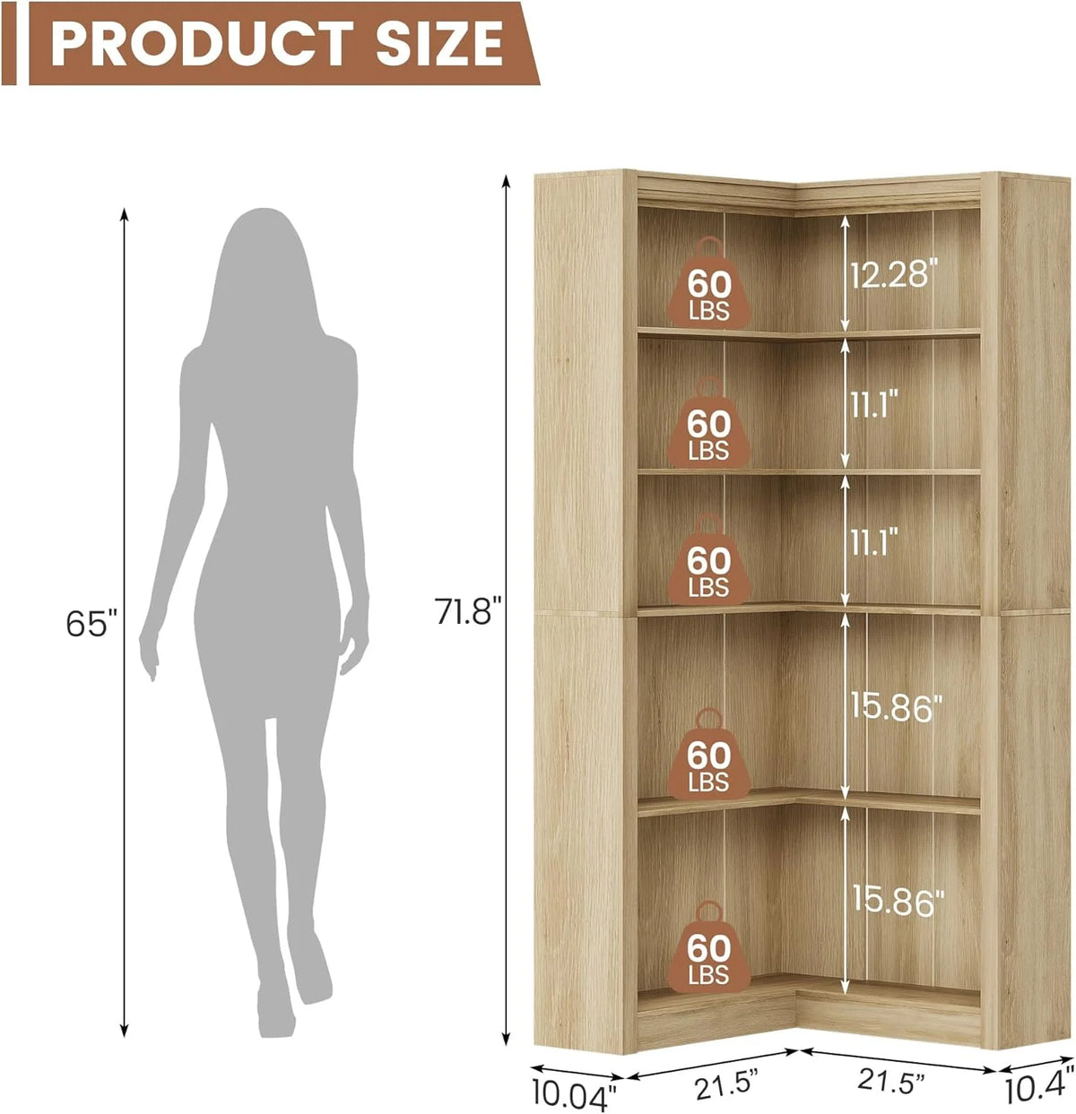 Studyset Corner Bookshelf Farmhouse Corner Bookcase 71.8'' Tall Bookcase, L-Shaped Large Display Shelf 5 Tier L-Shaped Bookshelf Large Shelf w/Anti-Tipping Kit, Bookcases with Storage Heavy Duty
