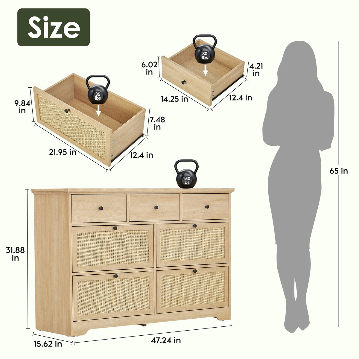Brafabhome Rattan 6 Drawers Dresser for Bedroom, Vintage Boho Double Dresser Wicker Chest with Wooden Legs for Living Room Hallway| Mint