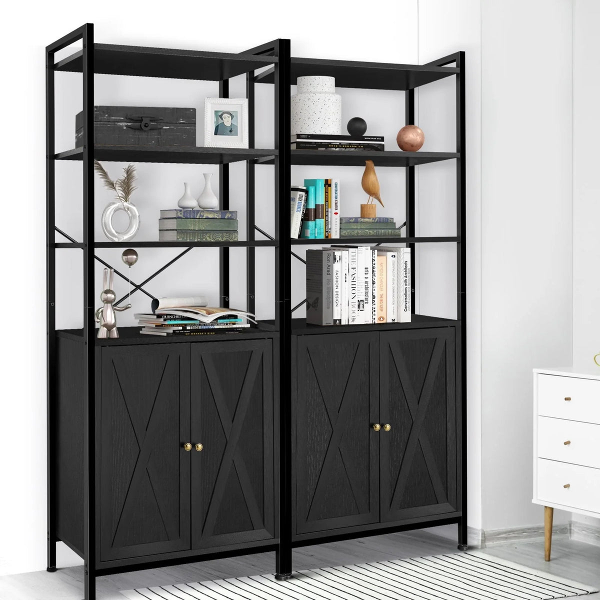 MONVANE Farmhouse Bookshelf and Bookcase with Doors, Crosshatch Design, 4 Shelves, Light Grey