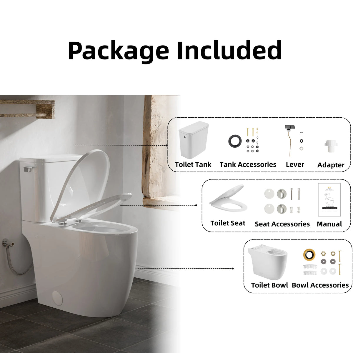 Los Flexi 21" Extra Tall Toilet for Seniors, ADA Compliant Two-Piece Skirted Toilet with Cyclone Flush, Elongated Bowl, Soft-Close Seat, Chrome Lever, 1.28 GPF, 12" Rough-In