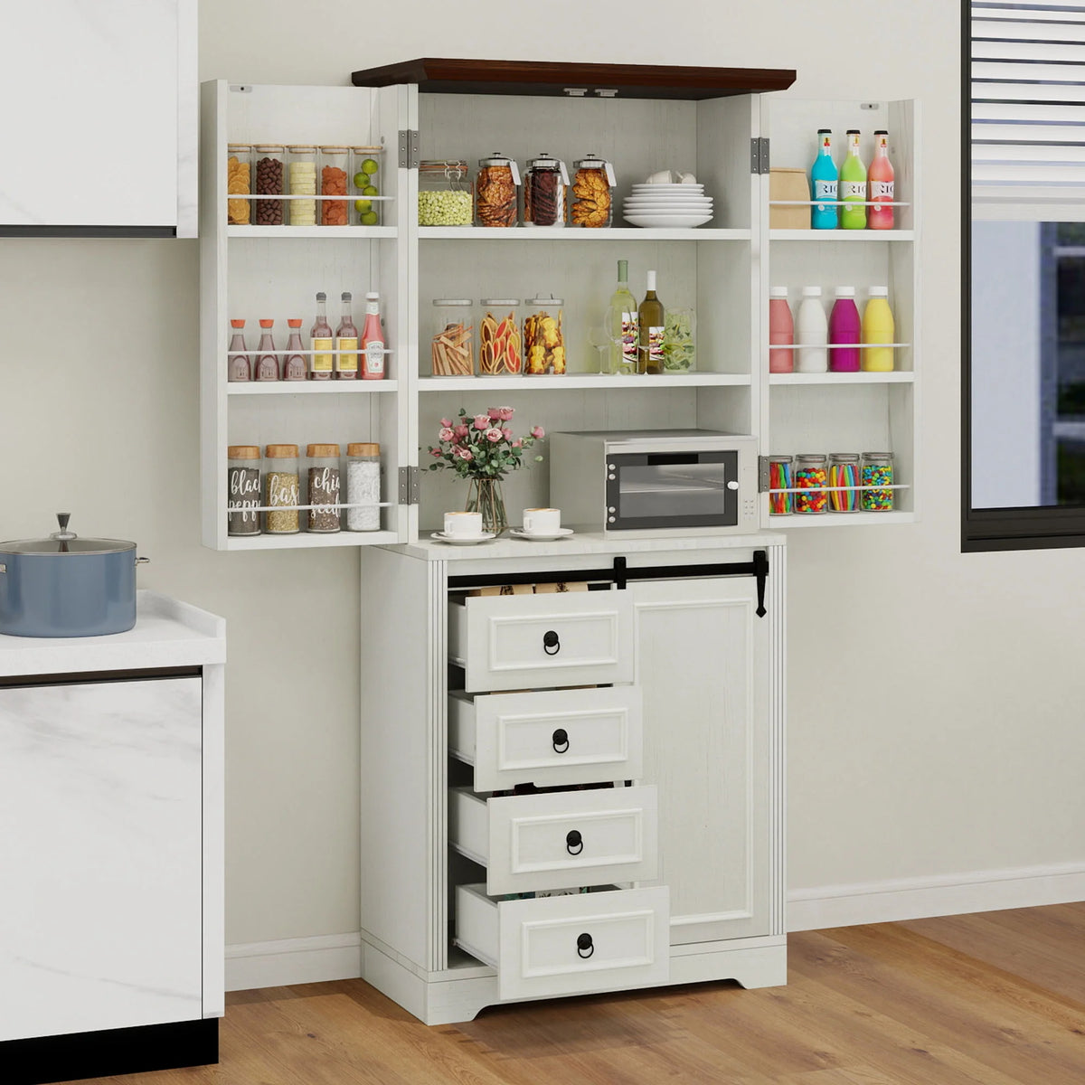 Uforic Pantry Storage Cabinet with Doors & Drawers, Kitchen Cabinet with Shelves, White