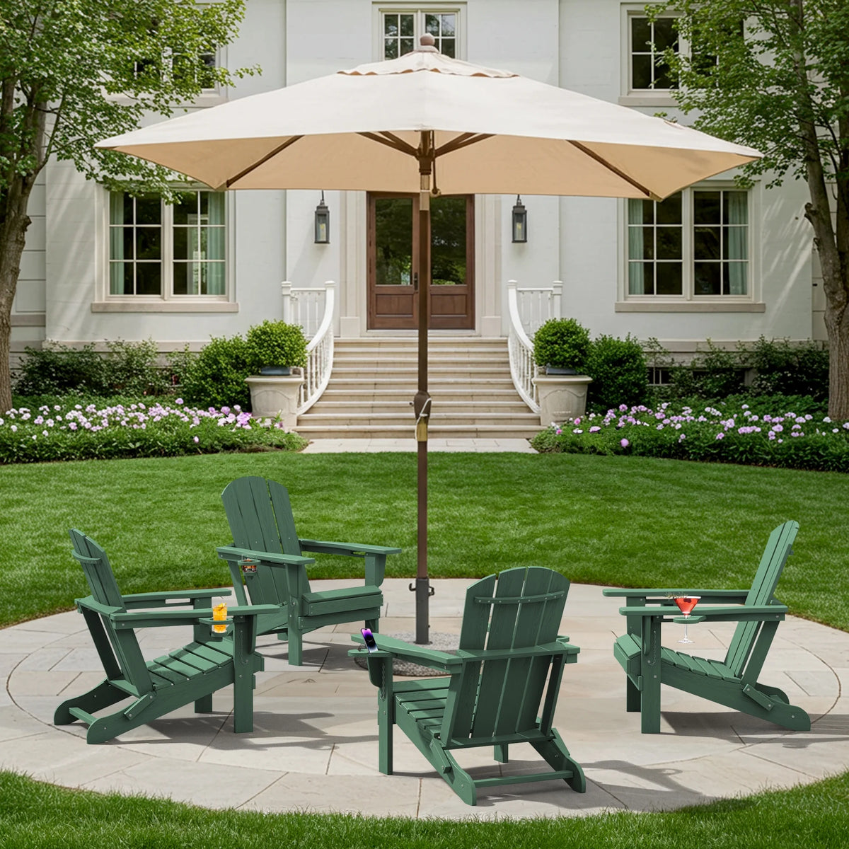 SERWALL Folding Adirondack Chair Set with Dual Cup Holders & Phone Holder, All-Weather HDPE Fire Pit Chairs for Outdoor, Patio, Poolside, Garden - Black