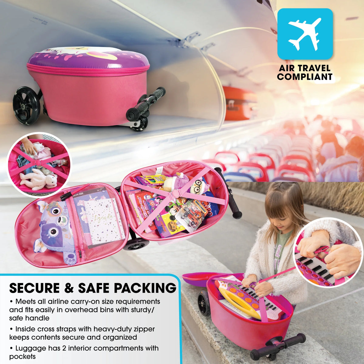 Kiddietotes Kid's Hard Shell Scooter Ride On Suitcase, Pink