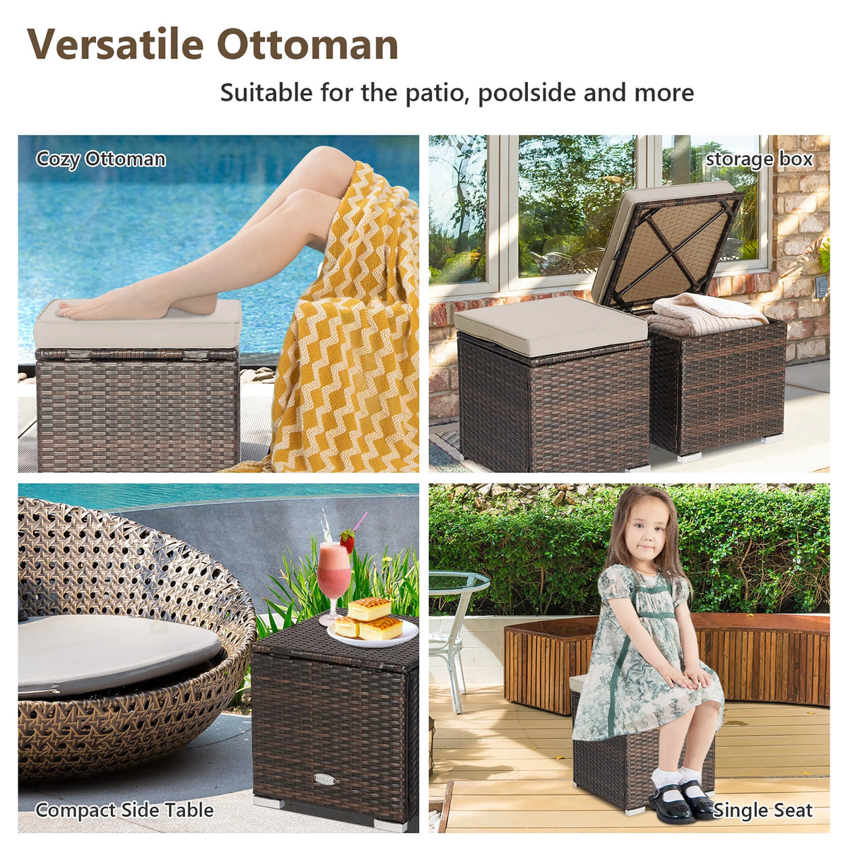 Costway 2PC Patio Rattan Ottoman Seat Side Table Storage Box Footrest Off White
