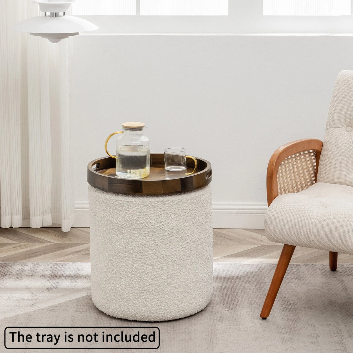 KINWELL  Round Upholstered Pouf Ottoman Footrest 18' x18' x18' - Boucle White 18"