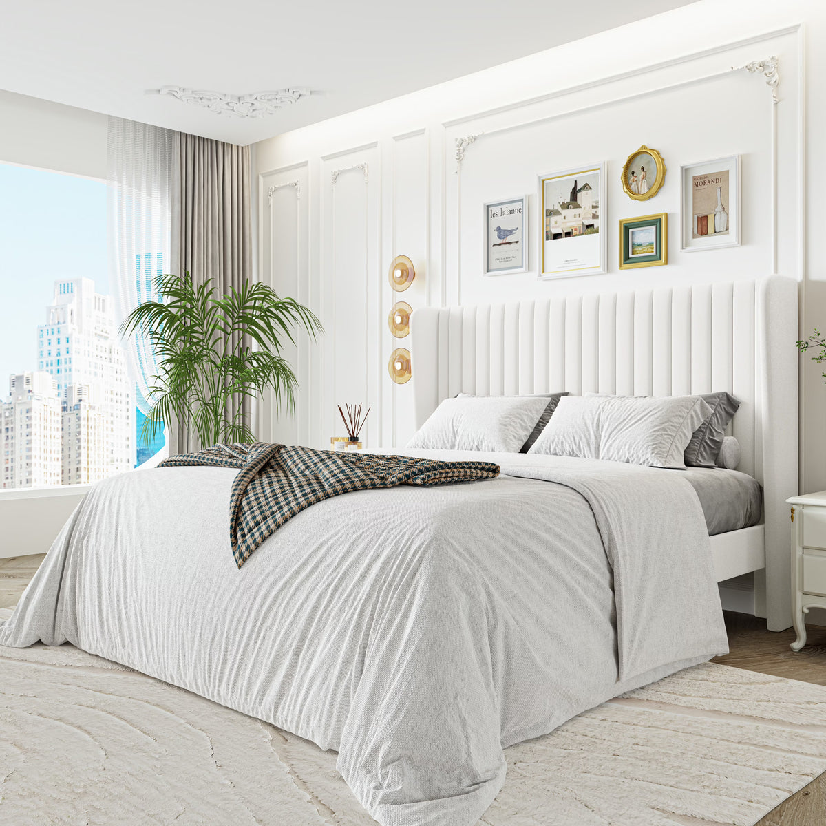 Sha Cerlin Queen Size Upholstered Platform Bed Frame with Velvet Channel Wingback Headboard, Off White