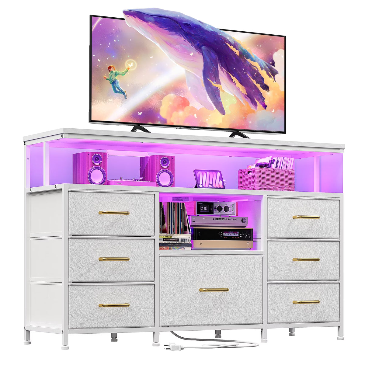 EnHomee Dressers for bedroom TV Stand with Power Outlets &LED Lights Wide Dresser with 10 Drawers&Side Pockets & Hook Fabric Chest of Drawers,Black