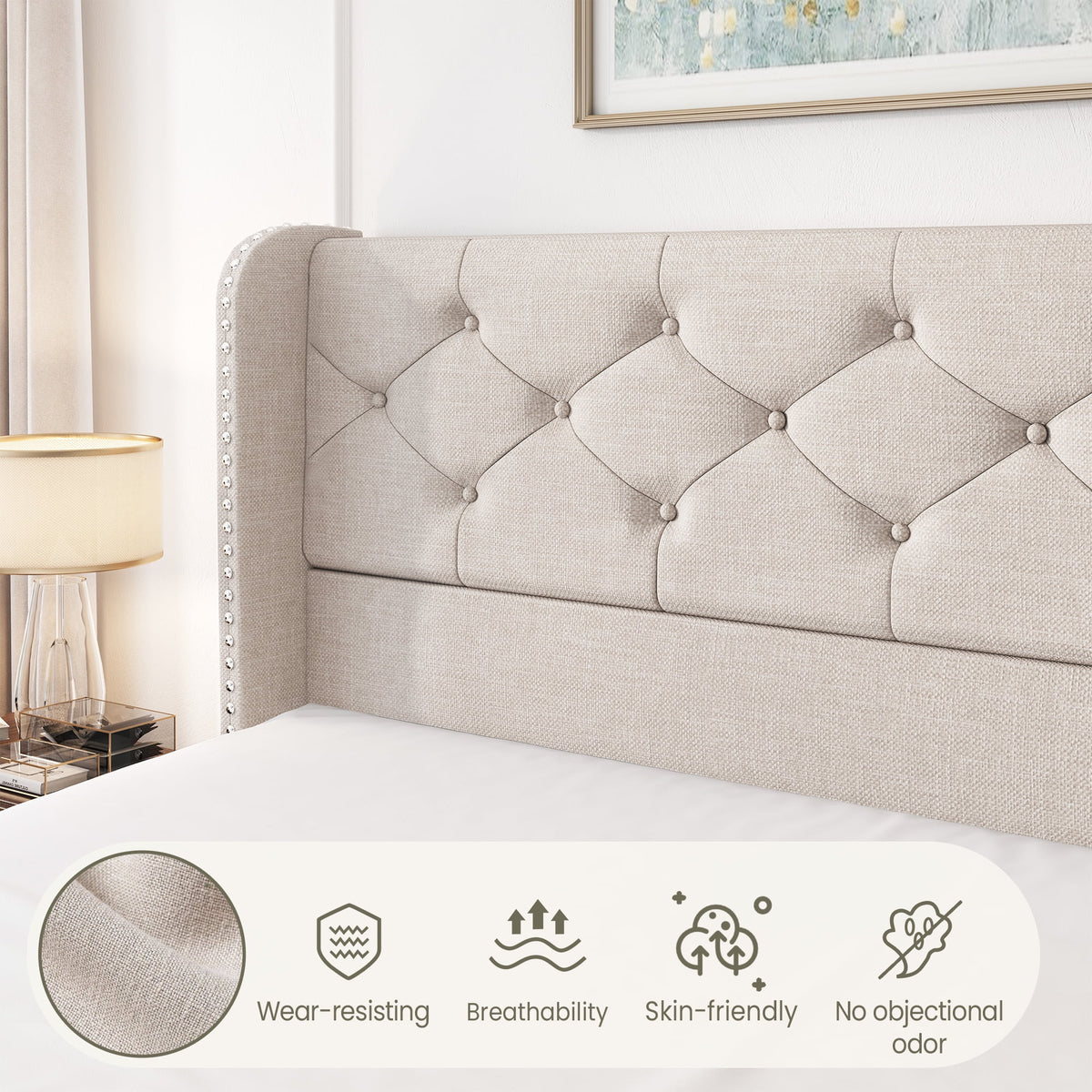 LARMACE Queen Size Platform Bed Frame with 4 Storage Drawers and Tufted Headboard Linen Upholstered Bed Wingback Bed Frame with Wooden Slats Support, Easy Assembly, Light Grey