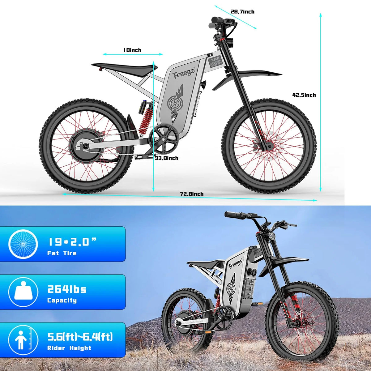 FREEGO X2 Pro Electric Dirt Bike 6000W(Peak) Motor 60V/30Ah Battery,50MPH/80Mile UL2849