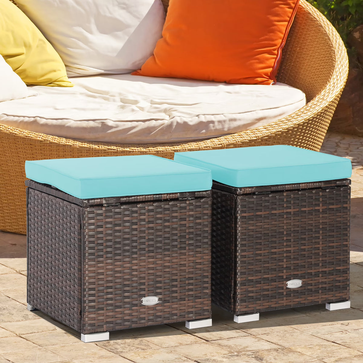 Costway 2PC Patio Rattan Ottoman Seat Side Table Storage Box Footrest Off White
