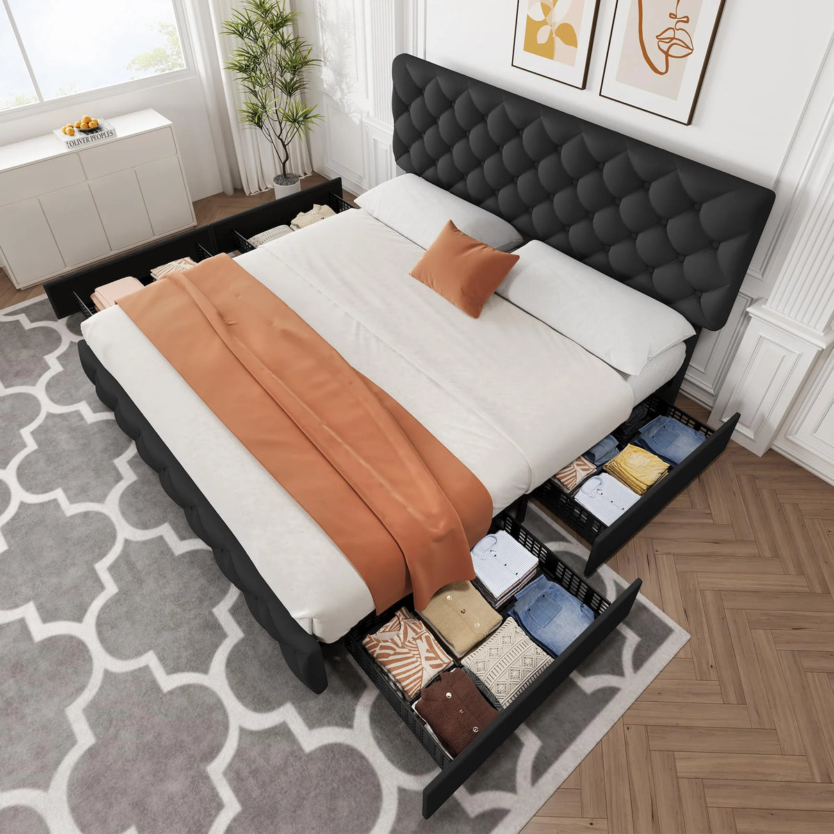 TROPOW Full Size Bed Frame,with 4 Storage Drawers and Adjustable Headboard, Linen Upholstered Platform Bed Frame, Diamond Stitched Button Tufted, No Box Spring Needed,White