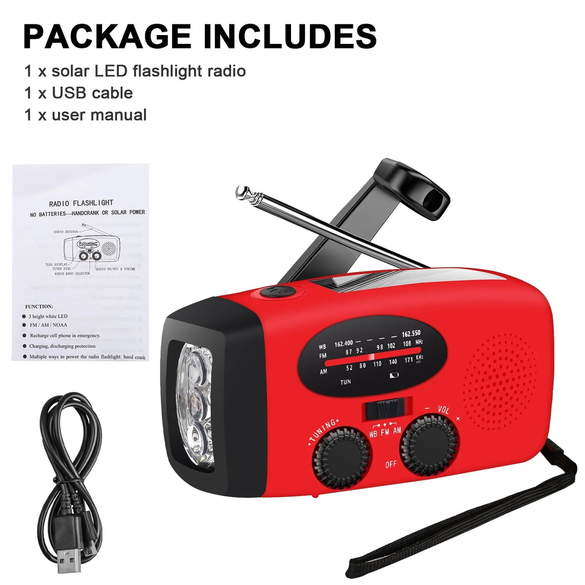 TSV Emergency Radio, Solar Hand Crank Self-Powered Weather Radio with 1200mAh Rechargeable Battery, Bright LED Flashlight, for Household Emergency, Outdoor Survival