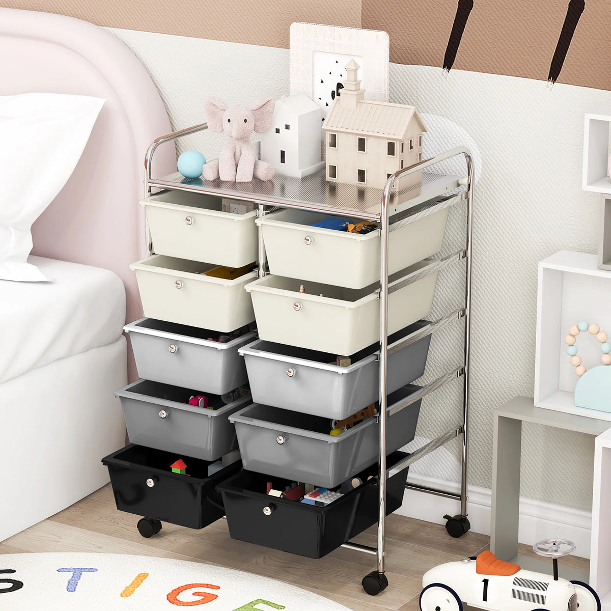 Gymax 10-Drawer Rolling Storage Cart Tools Scrapbook Paper Organizer on Wheels Black Gradient