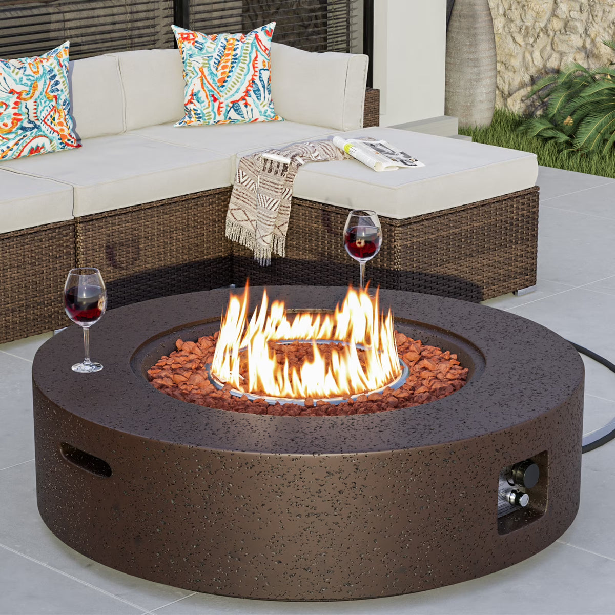 COSIEST Outdoor Round Terrazzo Concrete White firepit Table