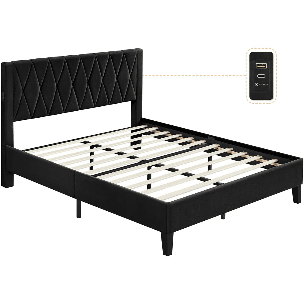 Topeakmart Queen Size Upholstered Platform Bed with Built-In USB Ports & Tufted Headboard, Black