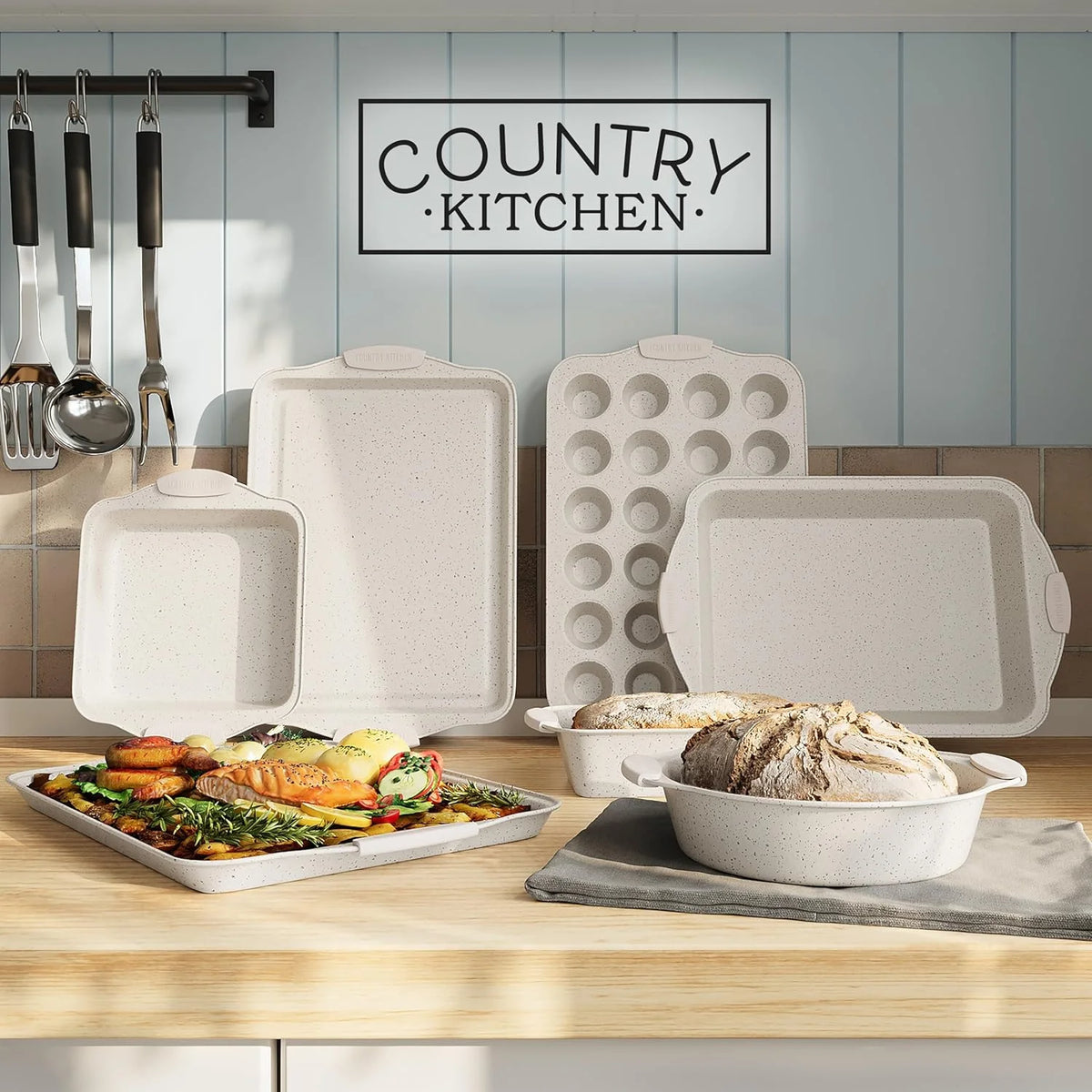 Country Kitchen 10-Piece Nonstick Bakeware Set - Stackable Pots and Pans, Black