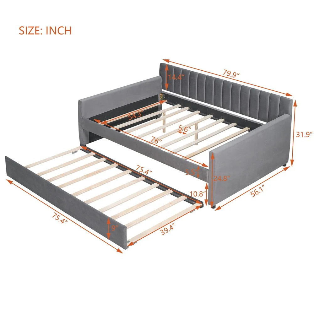 GZXS Full Size Upholstered Daybed with Trundle Bed for Living Room, Gray