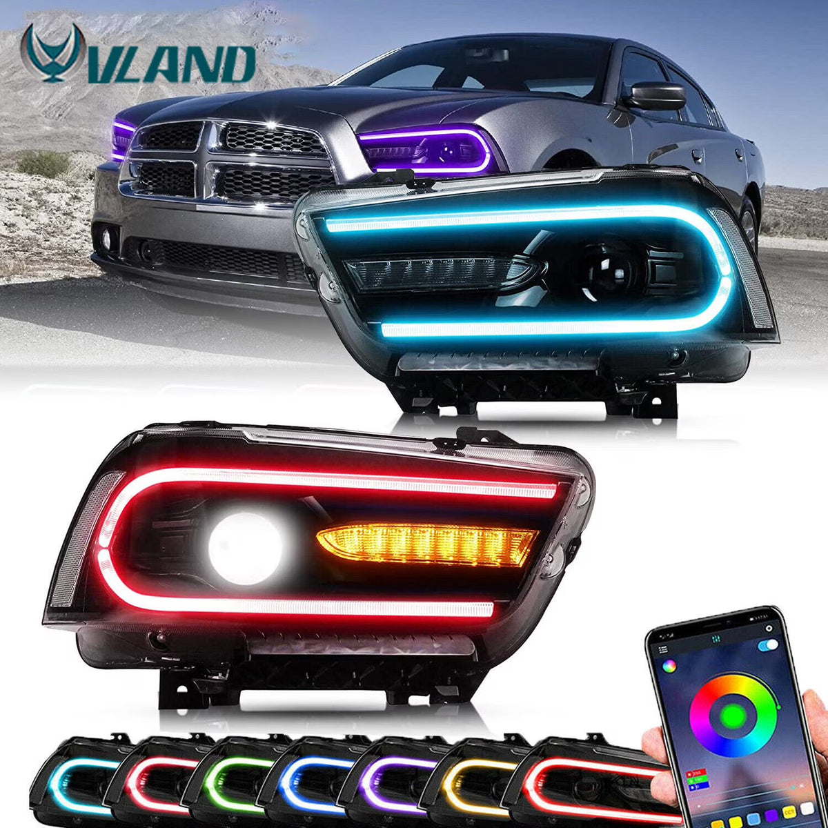 VLAND for Dodge Charger 2011 2012 2013 2014 Dual Beam Projector Headlights Replacement Assembly