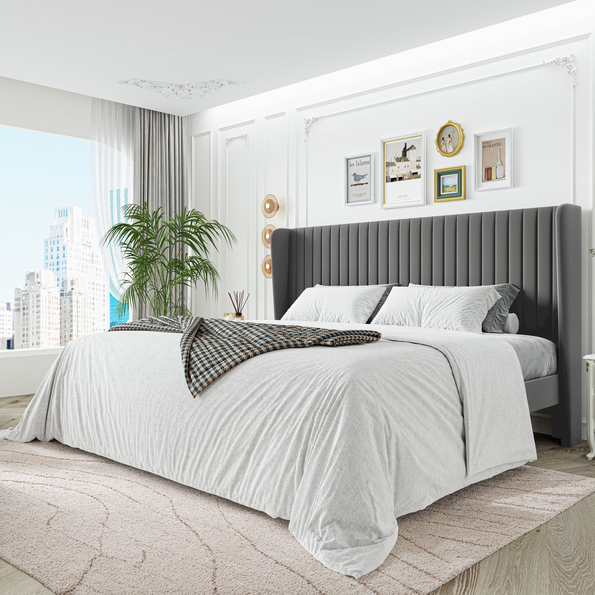 Sha Cerlin Queen Size Upholstered Platform Bed Frame with Velvet Channel Wingback Headboard, Off White