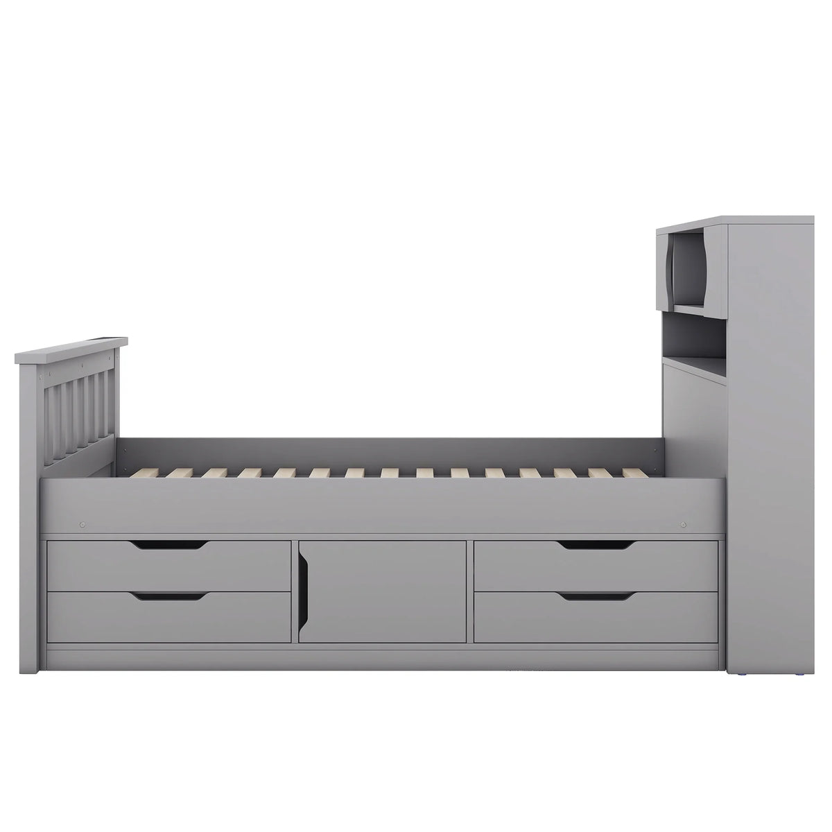 Euroco Wood Twin Size Platform Bed with Storage Headboard, Captain Bed with 4 Drawers, Bookcase and Cabinets, Gray