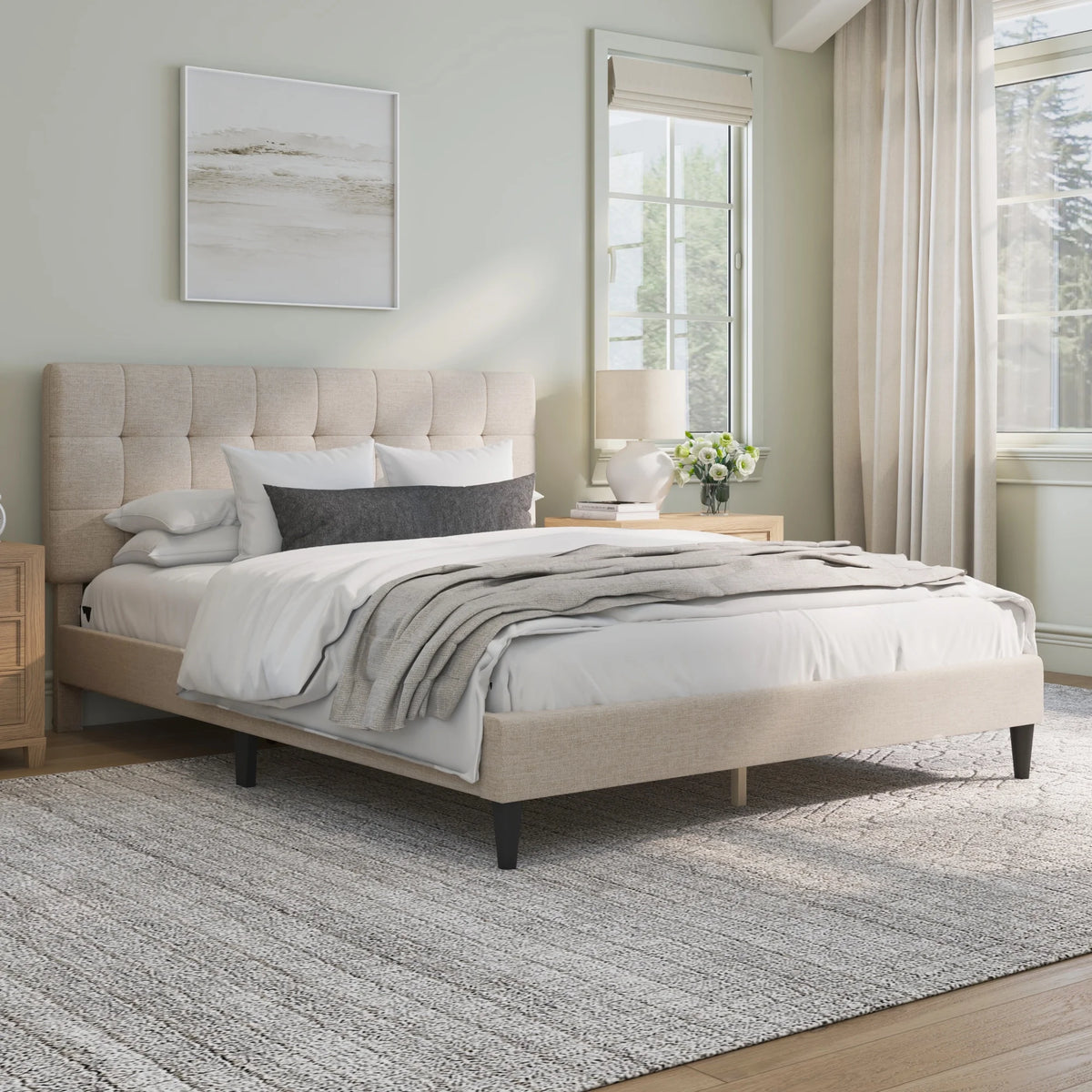 Mainstays Hillside Square Tufted Upholstered Full Platform Bed, Ivory Fabric
