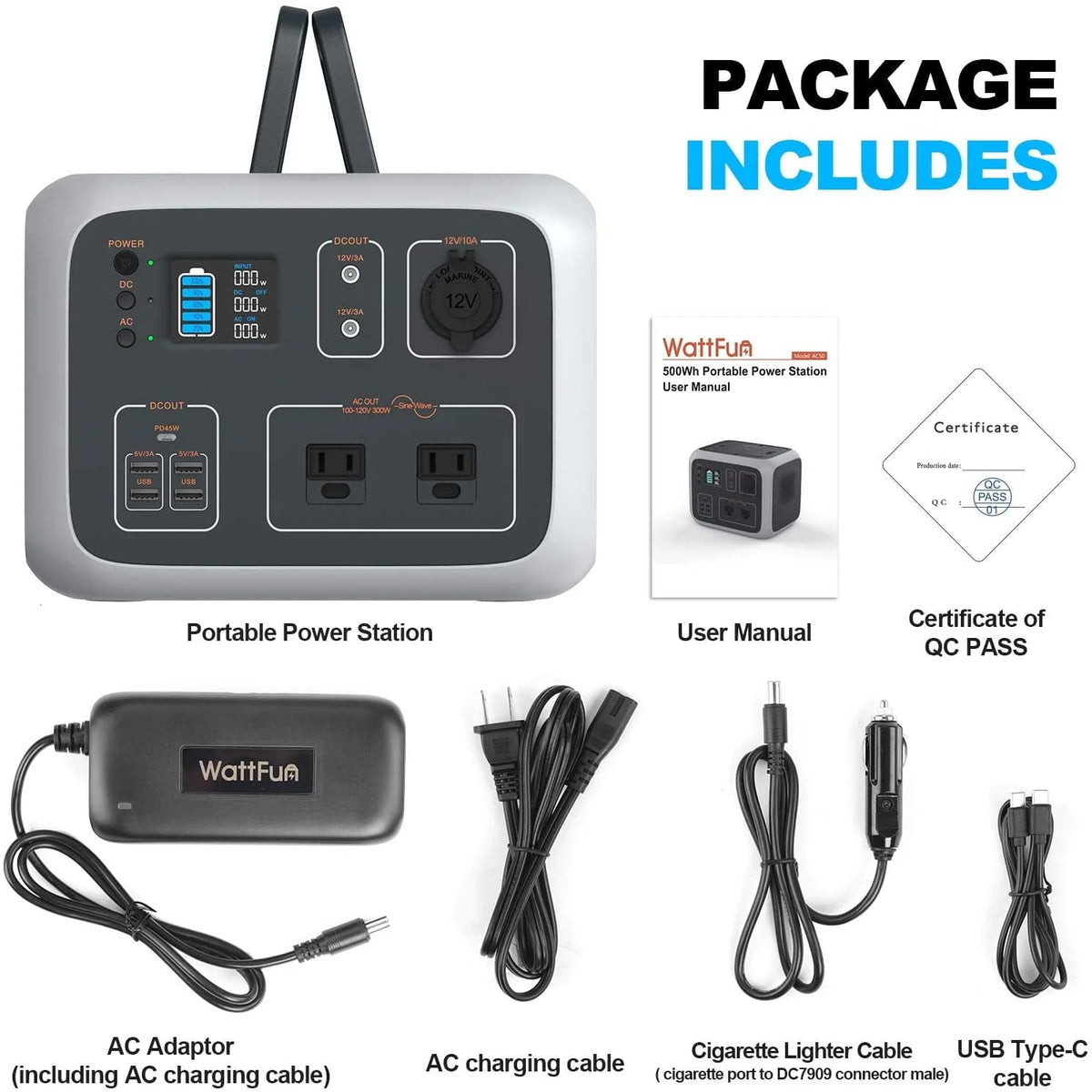 Portable Power Station 500Wh, WattFun Solar Generator