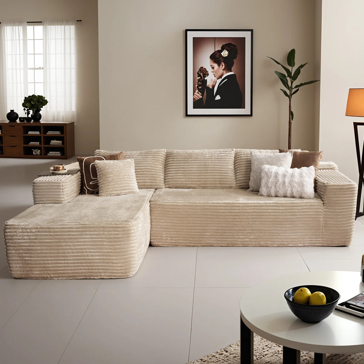 Ovios 106" L-Shaped Sectional Sofa Modern Modular Cloud Couch with Deep Seating Upholstered Sofa for Living Room Bedroom, No Assembly Required, Black(Corduroy)